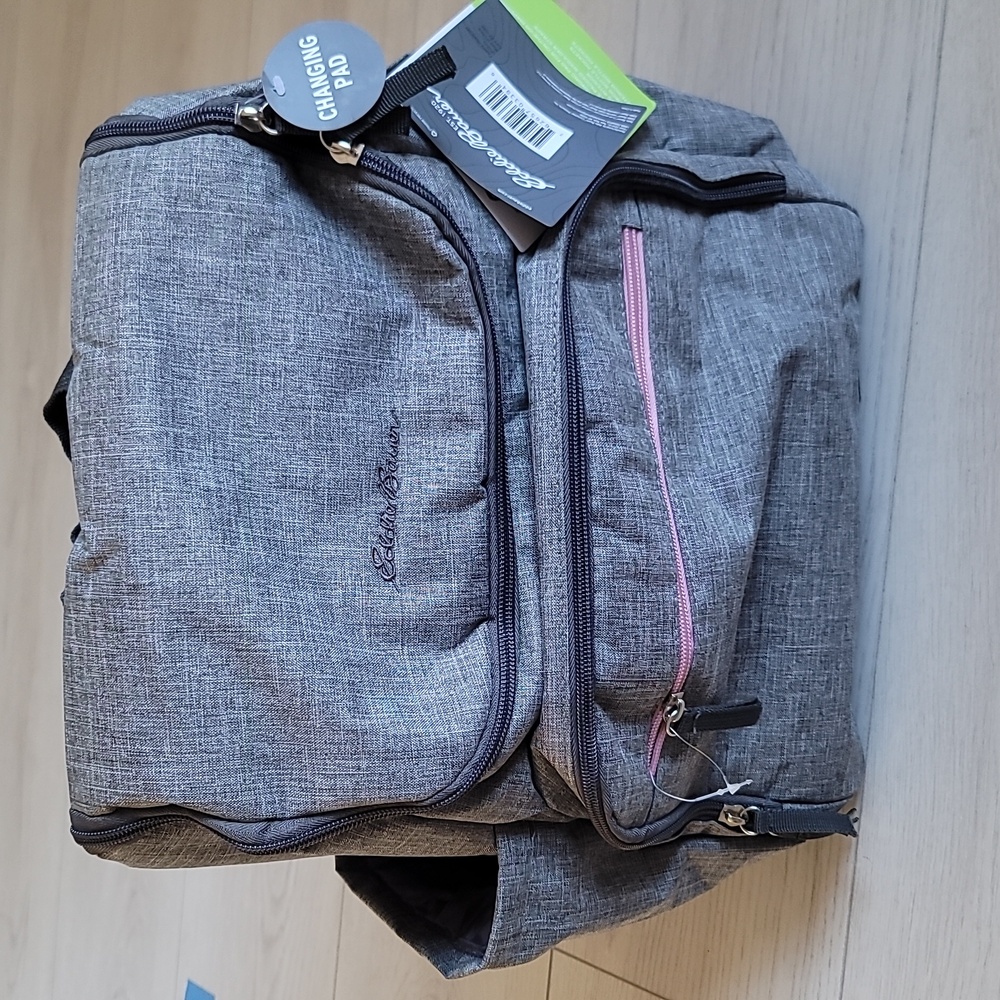 Eddie Bauer backpack for baby grey w/ pink trim, brand new diaper bag